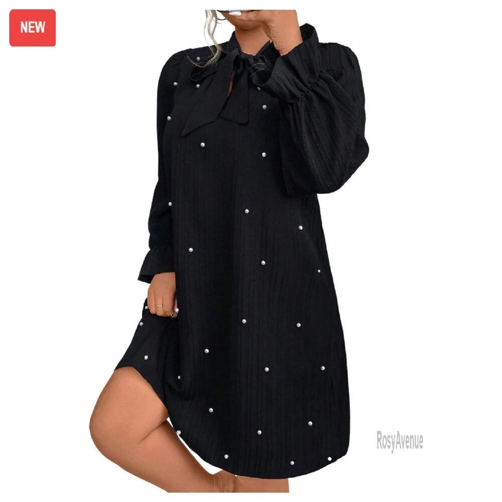 Plus Size Pearl Beaded Tie Neck Long Sleeve Casual Work Dress